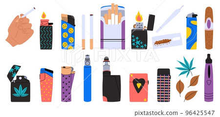 Cigarettes and lighters isolated elements. Vape... - Stock Illustration  [96425547]