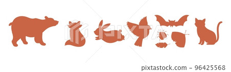 Animal and bird, insect and bat silhouettes. Bear, bunny, cat and butterfly graphic vector set. Isolated wild animals stickers collection Animal and bird, insect and bat silhouettes. Bear, bunny, cat and butterfly graphic vector set. Isolated wild animals stickers collection 96425568