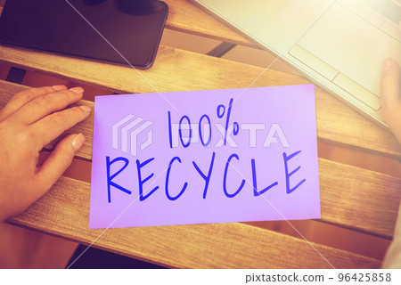 Handwriting text 100 Percent Recycle. Conceptual photo Set of Biodegradable, BPA free and compostable recyclable Handwriting text 100 Percent Recycle. Conceptual photo Set of Biodegradable, BPA free and compostable recyclable 96425858