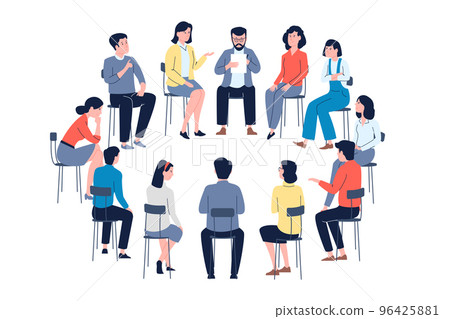 Group therapy in circle. Psychology meeting club, people listening and conversation. Help support groups, patient community psychotherapy recent vector concept 96425881