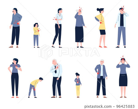 People suffer pain and spasm. Aching back, neck, muscular. Worker painful condition, infecting disease. Recent illnesses man woman vector set 96425883