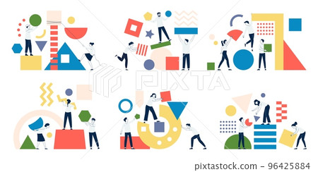Collecting abstract color geometric shapes. Management, team work chaos metaphor. People working together, flat pair collect puzzle, recent vector scenes Collecting abstract color geometric shapes. Management, team work chaos metaphor. People working together, flat pair collect puzzle, recent vector scenes 96425884