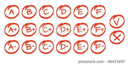 Exam result set, hand drawn letters A F in circles and do and dont marks. Education school graphic, red grade from perfect to not good, vector sketch signs Exam result set, hand drawn letters A F in circles and do and dont marks. Education school graphic, red grade from perfect to not good, vector sketch signs 96425897