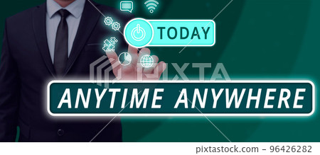 Sign displaying Anytime Anywhere. Business idea obtainable goal when working together at any moment Sign displaying Anytime Anywhere. Business idea obtainable goal when working together at any moment 96426282