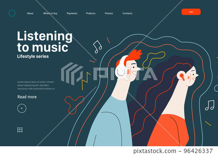Lifestyle web template - Listening to music - modern flat vector illustration of a man and a woman with buds and headphones listaening to music surrounded by waves. People activities concept 96426337