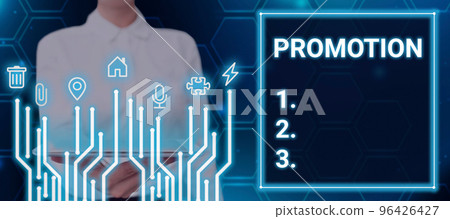 Text showing inspiration Promotion. Business idea act of furthering the growth or development of something Text showing inspiration Promotion. Business idea act of furthering the growth or development of something 96426427