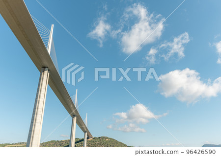 Millau viaduct, cable-stayed bridge over Tarn valley. A75 motorway. The highest road bridge in the world. 96426590