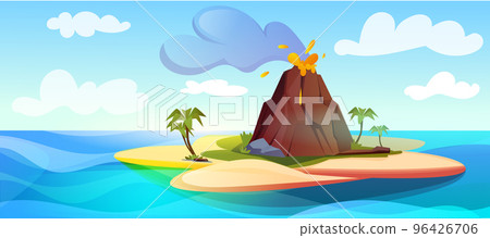 Cartoon volcano eruption on island with hot lava and black smoke clouds 96426706