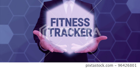 Text caption presenting Fitness Tracker. Concept meaning a monitoring device that records any healthrelated activity 96426801