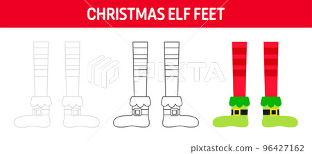 Christmas Elf Feet tracing and coloring worksheet for kids 96427162