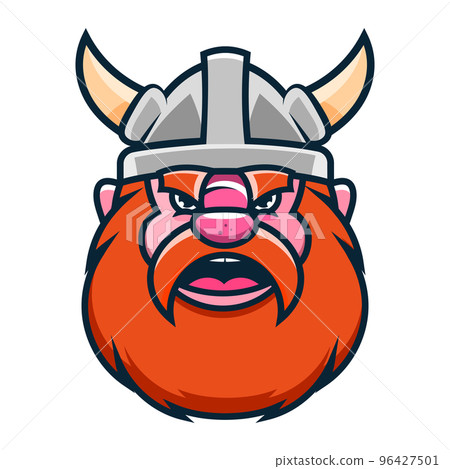 Viking tattoo, bearded barbarian of Scandinavia. Symbol of force, courage. Vector illustration of God Odin Viking with Helmet, Armor on the White background. Hand-drawn 96427501
