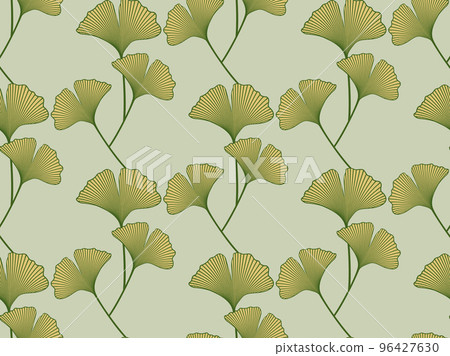seamless pattern with hand drawn Ginkgo biloba leaves. Japanese drawing graphic style, logo template, vector illustration fabric print floral botanical background isolated on green color seamless pattern with hand drawn Ginkgo biloba leaves. Japanese drawing graphic style, logo template, vector illustration fabric print floral botanical background isolated on green color 96427630