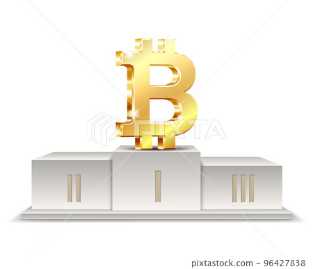 Winner pedestal with golden bitcoin. Podium for best product with Crypto currency. Winner pedestal with golden bitcoin. Podium for best product with Crypto currency. 96427838