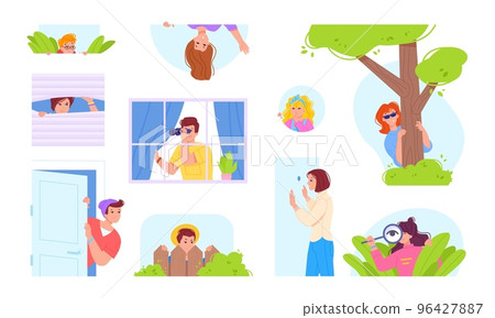Hiding spy people. Spying neighbors observation staring sneak man curiosity hide woman, peek suspicious person look binocular behind door boy peep out, swanky vector illustration 96427887