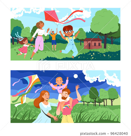 Happy Family Flying Kites with Kids Having Fun and Playing Outdoor Vector Scene Set Happy Family Flying Kites with Kids Having Fun and Playing Outdoor Vector Scene Set 96428040
