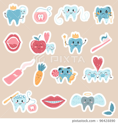 Hand drawn stickers with kawaii teeth characters in cartoon flat style. Vector illustration of healthy and sick tooth Hand drawn stickers with kawaii teeth characters in cartoon flat style. Vector illustration of healthy and sick tooth 96428890