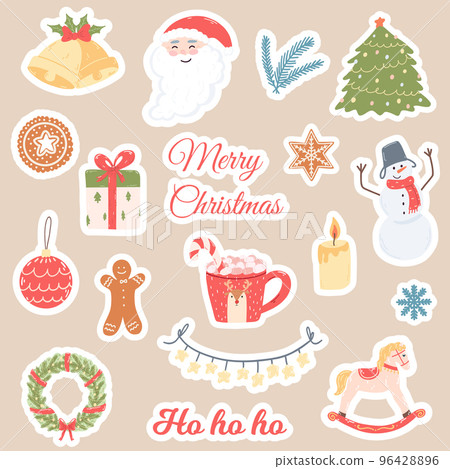 Christmas and New Year stickers in cartoon flat style. Hand drawn cute characters, holiday gifts, sweets, cookies, floral elements and lettering 96428896