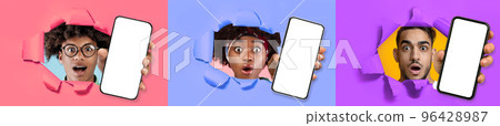 Shocked young people showing cell phones with blank screens, collage 96428987