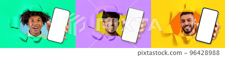 Multiracial young males posing in torns, showing smartphones, mockup, collage 96428988