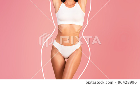 Body Slimming. Slim Female Torso With Drawn Silhouette Outline Around Figure 96428990