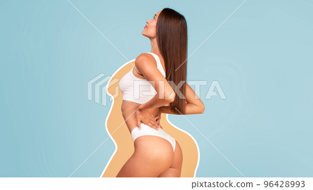 Slimming Concept. Sexy Attractive Female In Underwear With Drawn Outlines Around Body 96428993