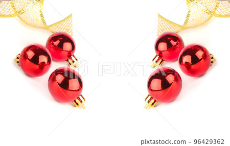 Red christmas balls isolated on a white background. Free space for text. 96429362