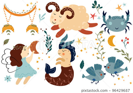 Zodiac Aries, Cancer, Gemini, Capricorn, Virgo, Libra with leaves, colorful flowers and stars around. Set Astrological zodiac Signs perfect for posters, logo, cards. Vector illustration 96429687