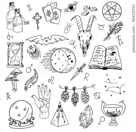 Design set with graphic drawings of mystic and religions and devil symbols. Design set with graphic drawings of mystic and religions and devil symbols. 96429702