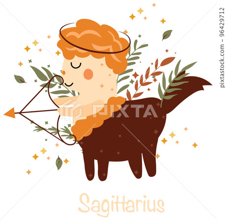 Sagittarius Zodiac sign with colorful leaves and stars around. Astrological Sagittarius zodiac perfect for posters, logo, cards. Vector illustration Sagittarius Zodiac sign with colorful leaves and stars around. Astrological Sagittarius zodiac perfect for posters, logo, cards. Vector illustration 96429712