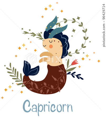 Capricorn Zodiac sign with colorful leaves and stars around. Capricorn perfect for posters, logo, cards. Astrological Capricorn zodiac. Vector illustration Capricorn Zodiac sign with colorful leaves and stars around. Capricorn perfect for posters, logo, cards. Astrological Capricorn zodiac. Vector illustration 96429714
