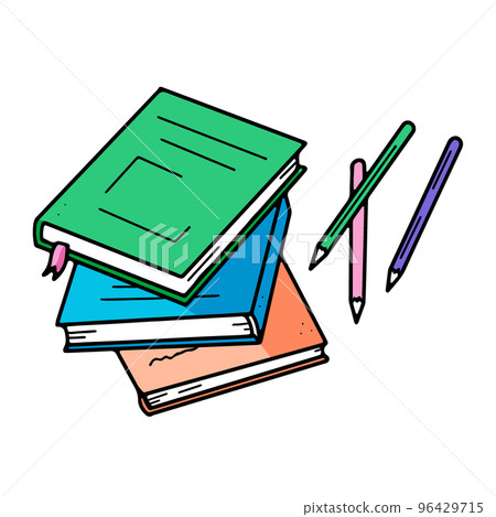 Stack of books and pencils. Drawing stationery Stack of books and pencils. Drawing stationery 96429715