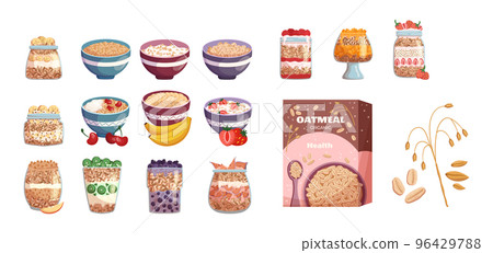 Set Oatmeal Breakfast, Porridge, Oat Flakes In Box, Bowl With Fruit and Berries in Milk, Jar Of Granola. Healthy Food 96429788