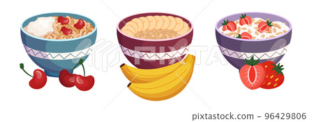 Set Oatmeal Healthy Breakfast, Bowl with Porridge, Fruit, Milk, Yogurt, Berries. Cereal Granola, Muesli Flakes, Oat Meal Set Oatmeal Healthy Breakfast, Bowl with Porridge, Fruit, Milk, Yogurt, Berries. Cereal Granola, Muesli Flakes, Oat Meal 96429806