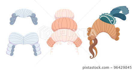 Set of Male and Female Rococo Wigs Isolated on White Background. European Renaissance Periwigs for Men and Women 96429845