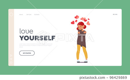 Love yourself Landing Page Template. Child Self Love Concept with Cute Baby Girl Character Embrace Herself with Hearts Love yourself Landing Page Template. Child Self Love Concept with Cute Baby Girl Character Embrace Herself with Hearts 96429869