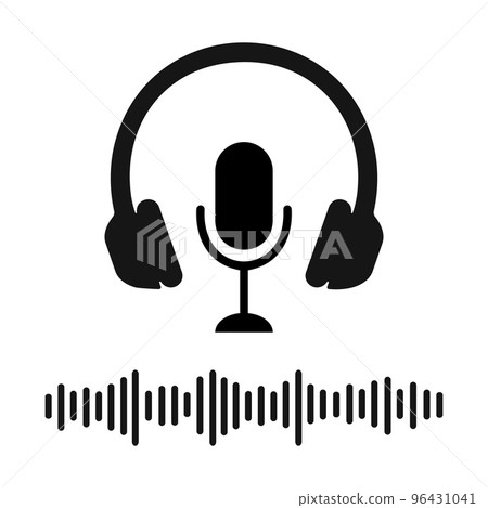 Headphones, microphone and sound wave icons. Online radio, concert, song recording, streaming, podcast, broadcast pictogram. Vector graphic illustration 96431041