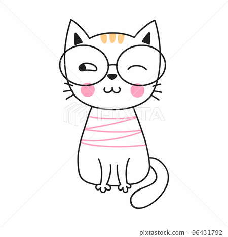 Cute doodle cat. Kitten with glasses. Funny baby sticker. 96431792