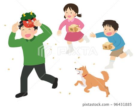 The father who plays the role of the demon and the children who throw beans_Setsubun The father who plays the role of the demon and the children who throw beans_Setsubun 96431885