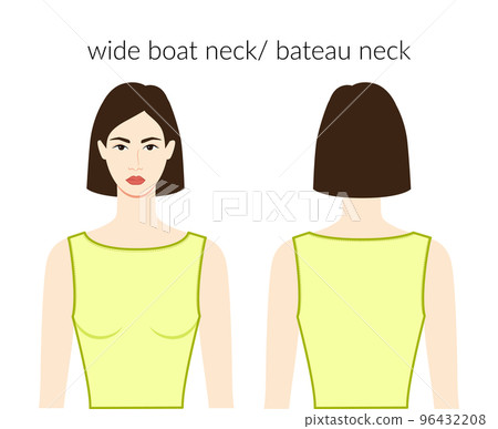 Wide boat bateau neckline clothes character beautiful lady in yellow top, shirt, dress technical fashion illustration 96432208