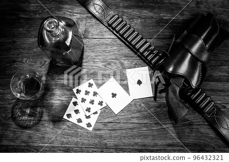 Dead man's hand. Two-pair poker hand consisting of the black aces and black eights, held by Old West gunfighter Wild Bill Hickok when he was murdered while playing a game. Black and white. 96432321