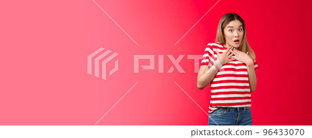 Shocked speechless glamour blond asian girl press palm chest astonished surprised gasping shook open mouth wondered raise eyebrows innocent amazed, hear gossips stand red background 96433070