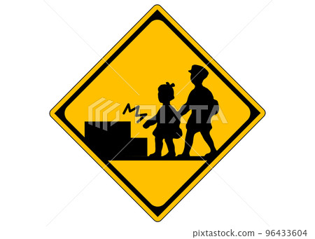 Watch your step. A warning sign asking people to be careful of their feet, with the image of children hitting their feet. Illustration of a sign 96433604