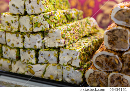 Turkish delight of various varieties on showcase 96434161
