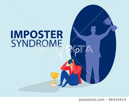 Imposter syndrome.man standing for her present profile with fear shadow behind. Anxiety and lack of self confidence at work; the person fakes is someone else concept Imposter syndrome.man standing for her present profile with fear shadow behind. Anxiety and lack of self confidence at work; the person fakes is someone else concept 96434414