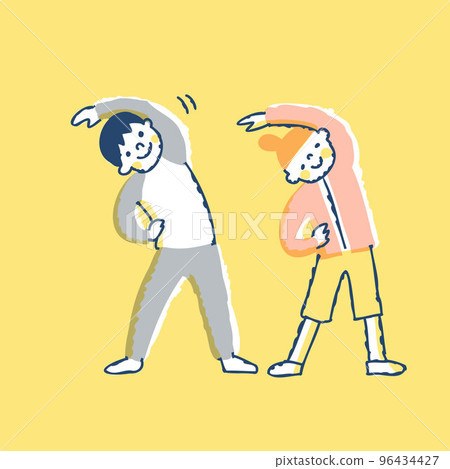 Smiling men and women doing gymnastics together 96434427