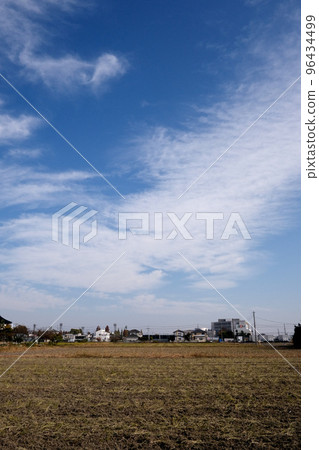(Autumn landscape) Farm fields, clouds, sky, rural town: vertical composition (Autumn landscape) Farm fields, clouds, sky, rural town: vertical composition 96434499