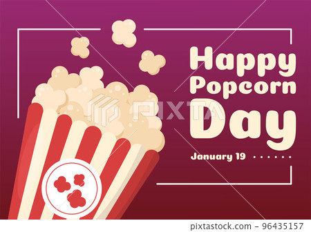 National Popcorn Day on January 19th with a Big Box of Red and White Stripe in Flat Cartoon Background Hand Drawn Templates Illustration 96435157