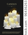 Banner with realistic burning white candles on a black background 96436263