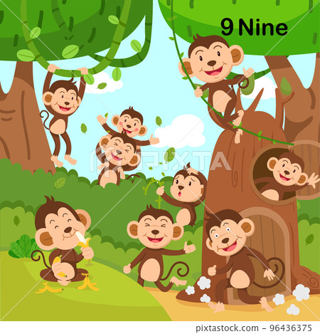 Flashcard number nine with 9 monkey learning for kid illustration vector Flashcard number nine with 9 monkey learning for kid illustration vector 96436375