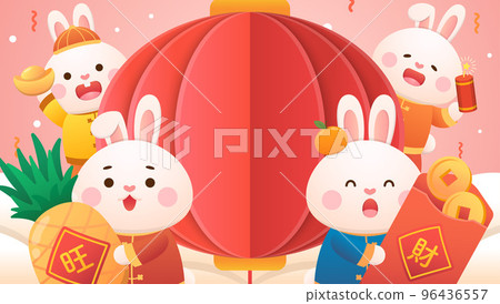 中國農曆新年的海報,可愛兔角色或吉祥物,燈籠與新年元素 96436557